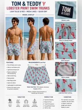 Tom & Teddy Men's Lobster Print Swim Trunks Light Blue Red Lined Size Small